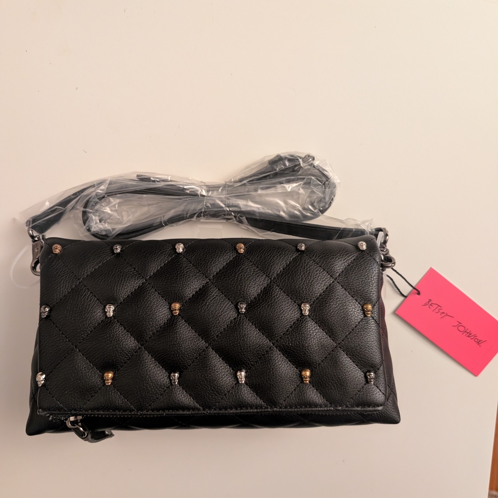 Betsey Johnson Black Quilted Crossbody Bag with Gold and Silver Accents
